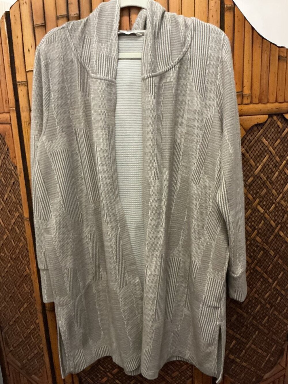 Soft Surroundings L Gray Ivory Long Open Front Cardigan Sweater